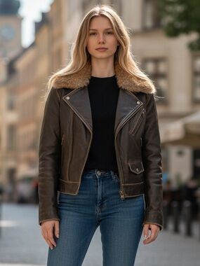 Faux-Shearling Collar Brown Leather Moto Jacket - Women